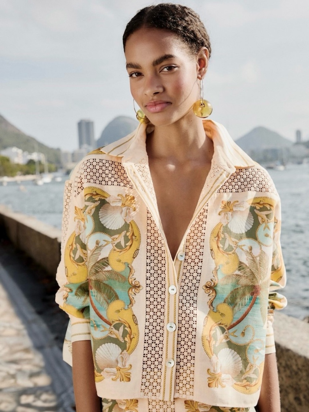 FARM Rio Sand Royal Sea Crochet Shirt Size Large NWT